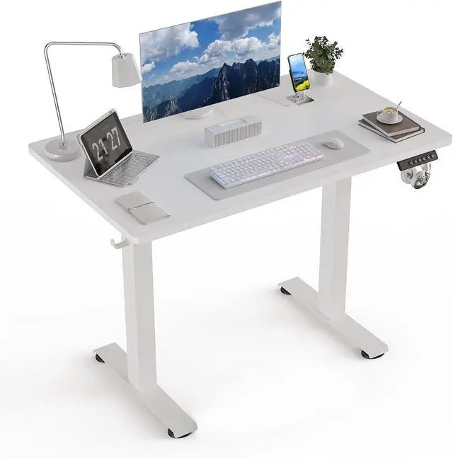Main image of 40" x 24" Electric Standing Desk, Adjustable Height Sit Stand Desk with 3 Preset Heights & 2 Hook, Electric Desk for Home Office Gaming, White