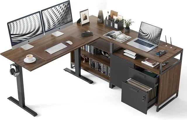 Main image of FEZIBO 66 Inch L Shaped Standing Desk with Drawers & Shelves, Executive Table Adjustable Height, Black Walnut Top/Black Frame