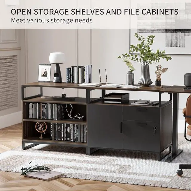 Alt view image 5 of 7 - FEZIBO 66 Inch L Shaped Standing Desk with Drawers & Shelves, Executive Table Adjustable Height, Black Walnut Top/Black Frame