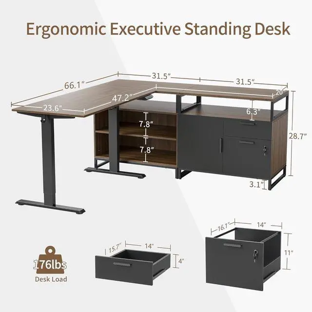 Alt view image 3 of 7 - FEZIBO 66 Inch L Shaped Standing Desk with Drawers & Shelves, Executive Table Adjustable Height, Black Walnut Top/Black Frame
