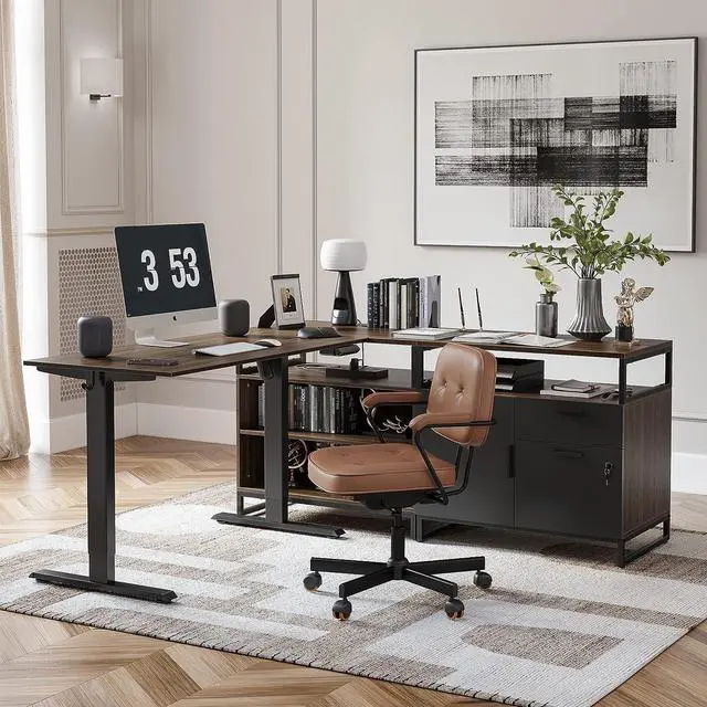 Alt view image 2 of 7 - FEZIBO 66 Inch L Shaped Standing Desk with Drawers & Shelves, Executive Table Adjustable Height, Black Walnut Top/Black Frame