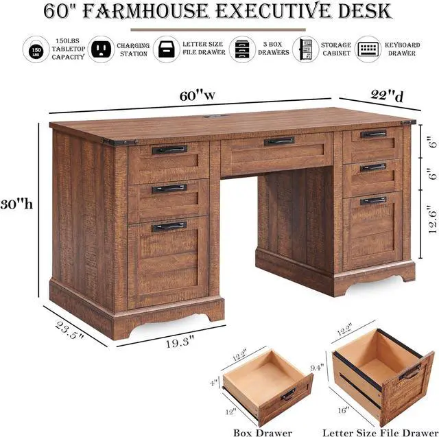 Alt view image 2 of 7 - RedLemon 60" Farmhouse Executive Desk, Home Office Desk with Drawers, Charging Station, Keyboard Tray, File Drawer, Storage Cabinet, Wood Rustic Computer Writing Desk (Reclaimed Barnwood)