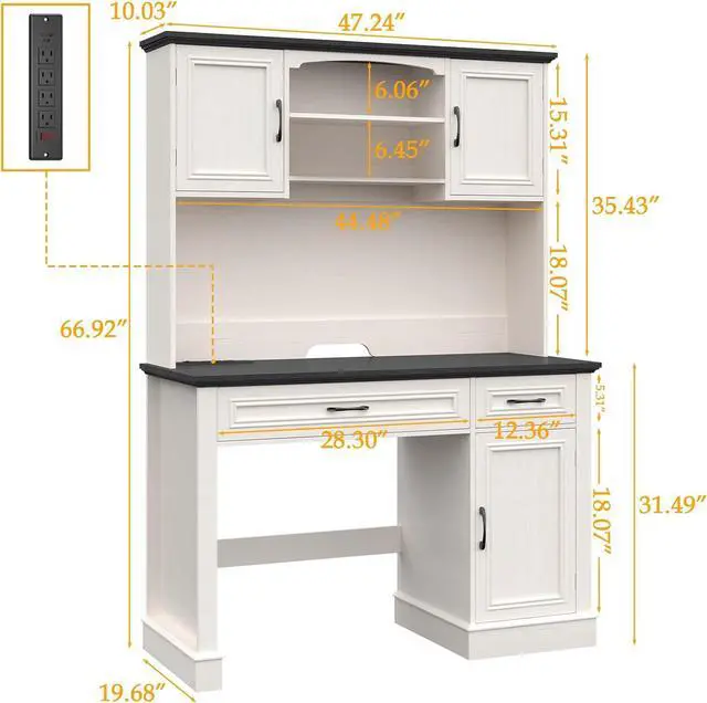 Alt view image 2 of 7 - Farmhouse 47" Executive Desk with Hutch, 2 Drawers and LED Light, Computer Desk with Storage Cabinet and Charging Station,Workstation for Home Office and Study.