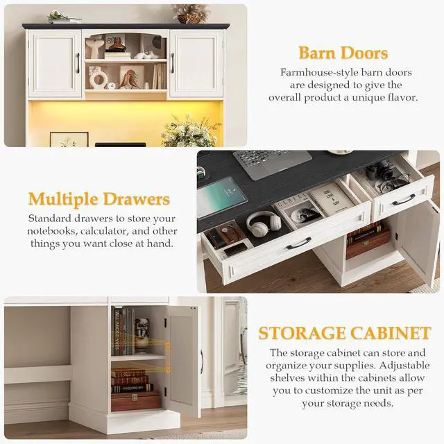 Alt view image 3 of 7 - Farmhouse 47" Executive Desk with Hutch, 2 Drawers and LED Light, Computer Desk with Storage Cabinet and Charging Station,Workstation for Home Office and Study.