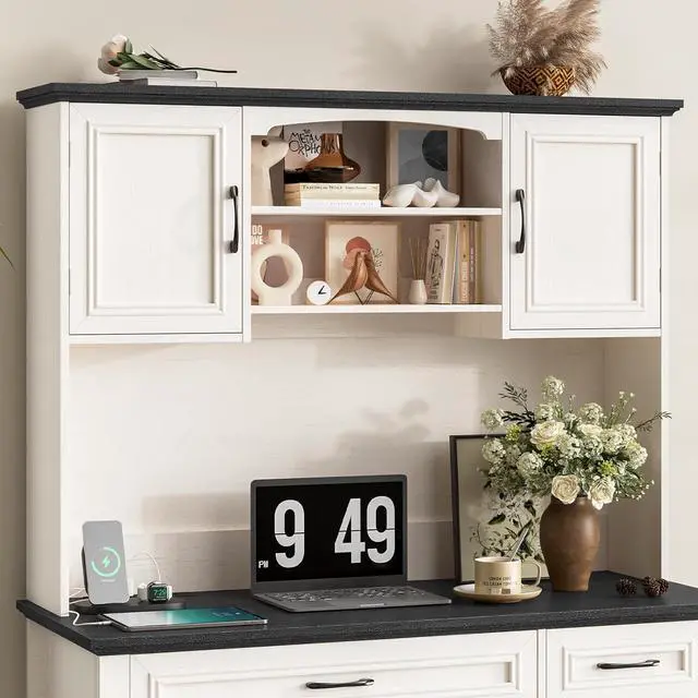 Alt view image 4 of 7 - Farmhouse 47" Executive Desk with Hutch, 2 Drawers and LED Light, Computer Desk with Storage Cabinet and Charging Station,Workstation for Home Office and Study.