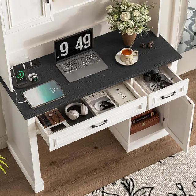 Alt view image 5 of 7 - Farmhouse 47" Executive Desk with Hutch, 2 Drawers and LED Light, Computer Desk with Storage Cabinet and Charging Station,Workstation for Home Office and Study.