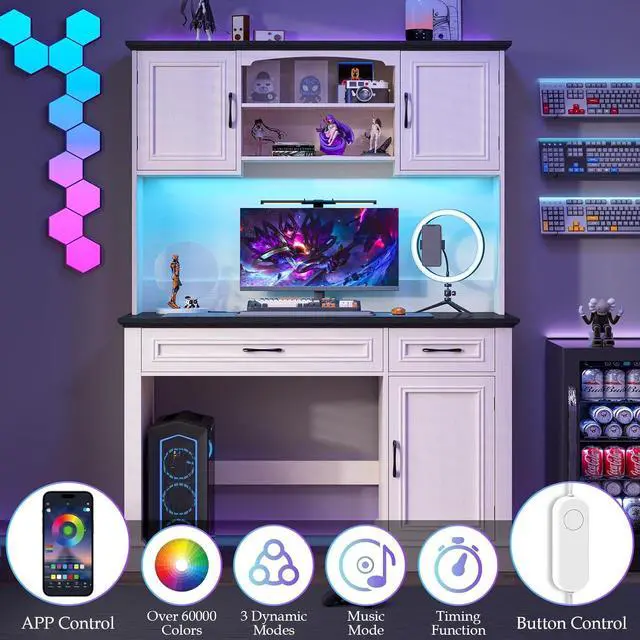 Alt view image 6 of 7 - Farmhouse 47" Executive Desk with Hutch, 2 Drawers and LED Light, Computer Desk with Storage Cabinet and Charging Station,Workstation for Home Office and Study.