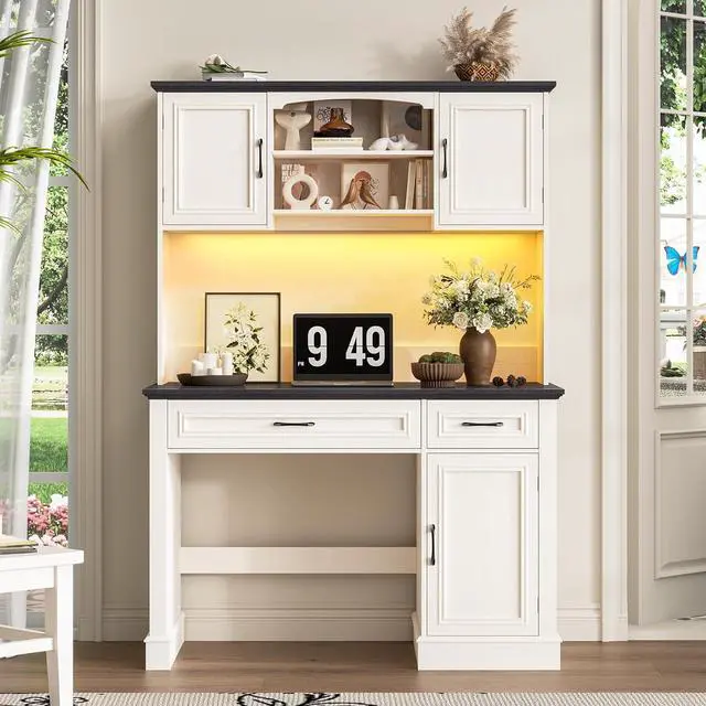 Alt view image 7 of 7 - Farmhouse 47" Executive Desk with Hutch, 2 Drawers and LED Light, Computer Desk with Storage Cabinet and Charging Station,Workstation for Home Office and Study.