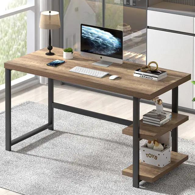 Main image of FOLUBAN Computer Desk, Modern Home Office Desk with Storage Shelves, Writing Study Gaming Table for Living Room Bedroom, Rustic Oak, 53 Inch