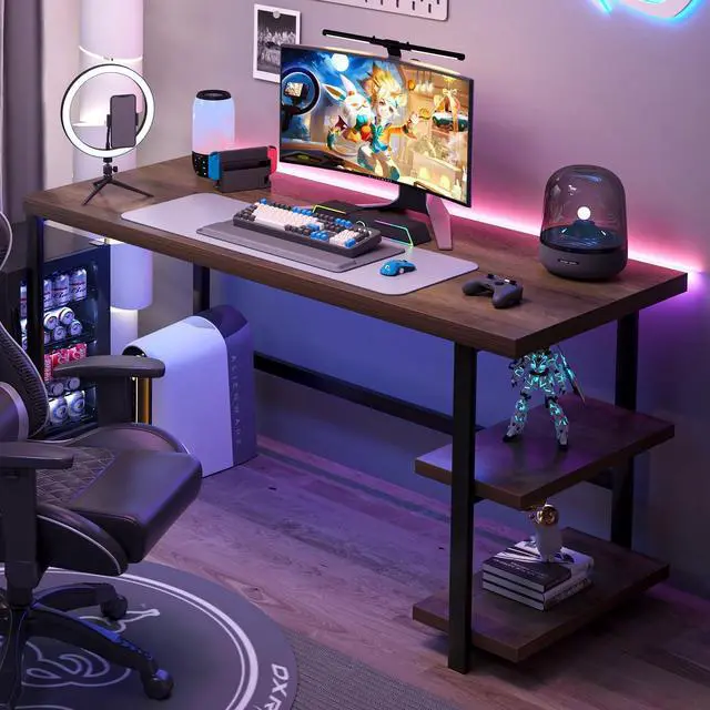 Alt view image 3 of 7 - FOLUBAN Computer Desk, Modern Home Office Desk with Storage Shelves, Writing Study Gaming Table for Living Room Bedroom, Rustic Oak, 53 Inch