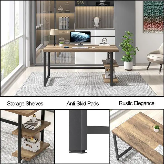 Alt view image 6 of 7 - FOLUBAN Computer Desk, Modern Home Office Desk with Storage Shelves, Writing Study Gaming Table for Living Room Bedroom, Rustic Oak, 53 Inch