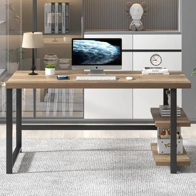 Alt view image 7 of 7 - FOLUBAN Computer Desk, Modern Home Office Desk with Storage Shelves, Writing Study Gaming Table for Living Room Bedroom, Rustic Oak, 53 Inch