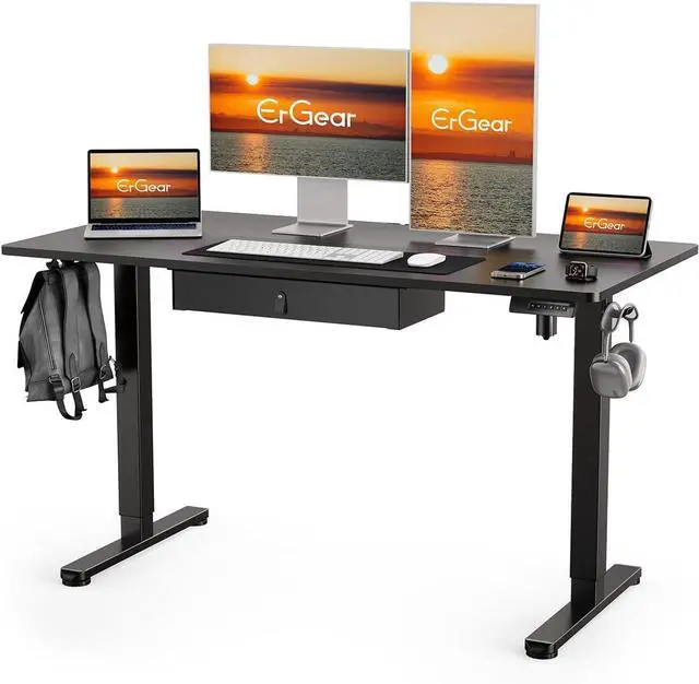 Main image of ErGear Electric Standing Desk with Drawer, 48 x 24 Electric Stand Up Desk, Ergonomic Adjustable Table with Storage, Computer Workstation with Cable Management, Headphone/Bag Hooks, Home Office, Black