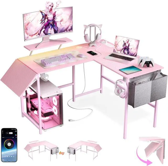 Main image of L Shaped Gaming Desk with Desk Extender, Smart Corner Computer Desk with LED Lights & Power Outlets, Monitor Stand, Storage Bag, for Work, Home Office, Bedroom, Study, Pink