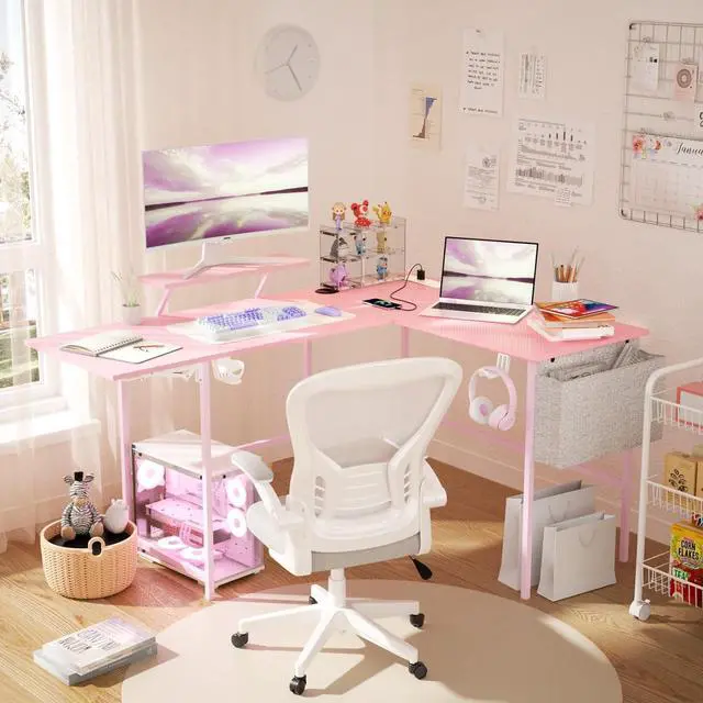 Alt view image 2 of 7 - L Shaped Gaming Desk with Desk Extender, Smart Corner Computer Desk with LED Lights & Power Outlets, Monitor Stand, Storage Bag, for Work, Home Office, Bedroom, Study, Pink