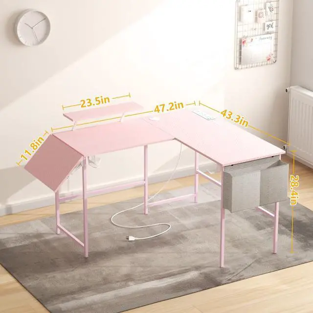 Alt view image 3 of 7 - L Shaped Gaming Desk with Desk Extender, Smart Corner Computer Desk with LED Lights & Power Outlets, Monitor Stand, Storage Bag, for Work, Home Office, Bedroom, Study, Pink