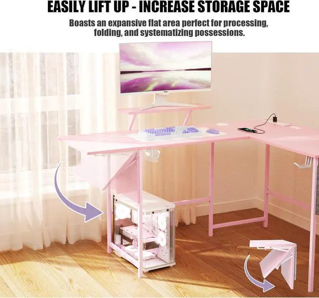 Alt view image 4 of 7 - L Shaped Gaming Desk with Desk Extender, Smart Corner Computer Desk with LED Lights & Power Outlets, Monitor Stand, Storage Bag, for Work, Home Office, Bedroom, Study, Pink