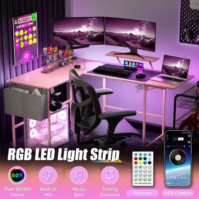 Alt view image 5 of 7 - L Shaped Gaming Desk with Desk Extender, Smart Corner Computer Desk with LED Lights & Power Outlets, Monitor Stand, Storage Bag, for Work, Home Office, Bedroom, Study, Pink