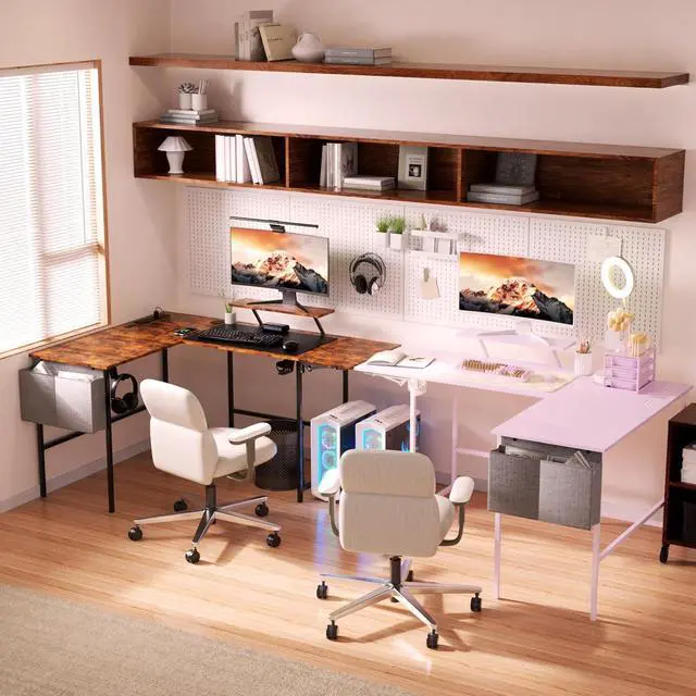 Alt view image 6 of 7 - L Shaped Gaming Desk with Desk Extender, Smart Corner Computer Desk with LED Lights & Power Outlets, Monitor Stand, Storage Bag, for Work, Home Office, Bedroom, Study, Pink