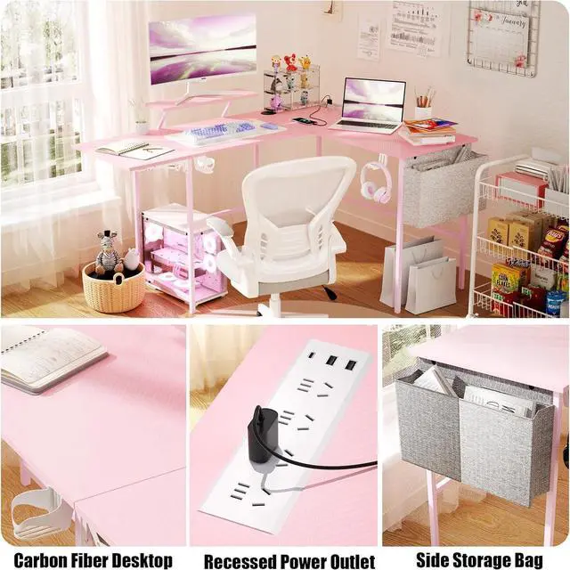 Alt view image 7 of 7 - L Shaped Gaming Desk with Desk Extender, Smart Corner Computer Desk with LED Lights & Power Outlets, Monitor Stand, Storage Bag, for Work, Home Office, Bedroom, Study, Pink