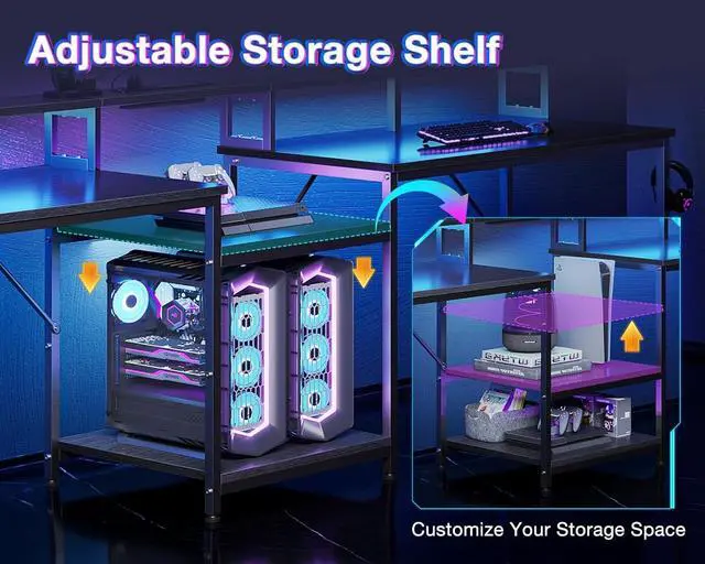 Alt view image 6 of 7 - Coleshome 98 Inch 2 Person Gaming Desk with Storage Shelves- Long Double Home Office Computer Desks with USB Charging Port & LED Lights, Writing Desk with Monitor Stand, Modern Study/Work Table, Black