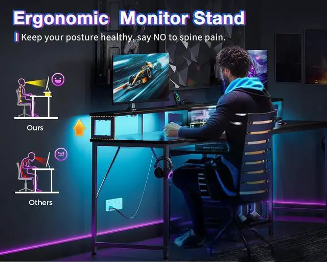 Alt view image 7 of 7 - Coleshome 98 Inch 2 Person Gaming Desk with Storage Shelves- Long Double Home Office Computer Desks with USB Charging Port & LED Lights, Writing Desk with Monitor Stand, Modern Study/Work Table, Black