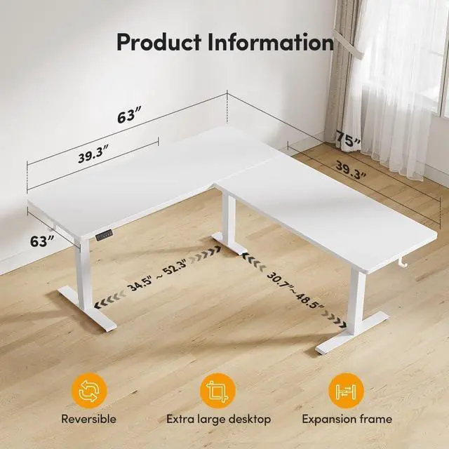 Alt view image 2 of 7 - Cubiker 75 * 63" L Shaped Standing Desk, Reversible Corner Standing Desk, Suitable for Home Office, White