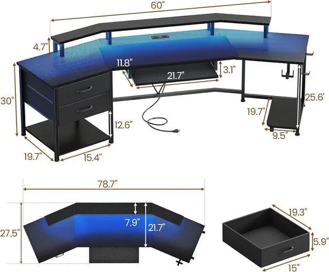Alt view image 2 of 7 - Itaar 79" Gaming Desk with 2 Fabric Drawers, Long Computer Desk with Power Strip & LED Lights, U Shaped Desks with Storage and Cup Holder, Large Gaming Table for Bedroom, Carbon Fiber Black
