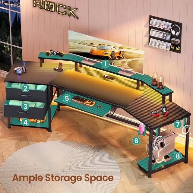 Alt view image 3 of 7 - Itaar 79" Gaming Desk with 2 Fabric Drawers, Long Computer Desk with Power Strip & LED Lights, U Shaped Desks with Storage and Cup Holder, Large Gaming Table for Bedroom, Carbon Fiber Black