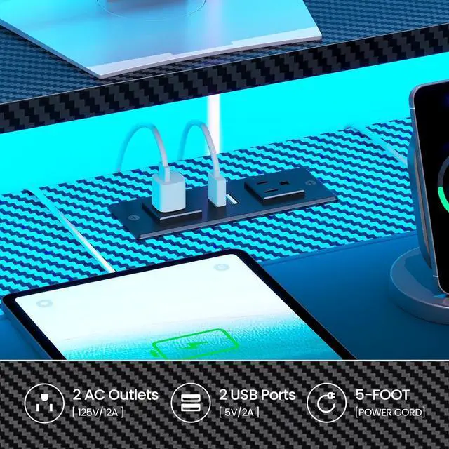 Alt view image 5 of 7 - Itaar 79" Gaming Desk with 2 Fabric Drawers, Long Computer Desk with Power Strip & LED Lights, U Shaped Desks with Storage and Cup Holder, Large Gaming Table for Bedroom, Carbon Fiber Black