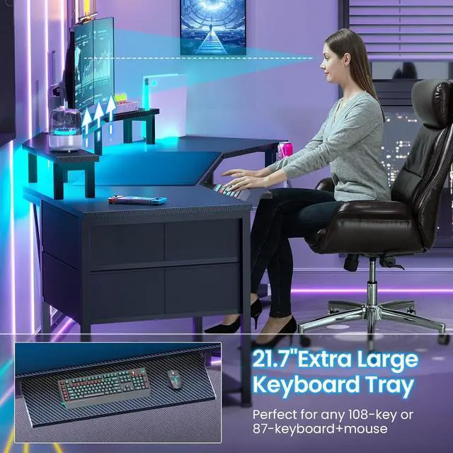 Alt view image 7 of 7 - Itaar 79" Gaming Desk with 2 Fabric Drawers, Long Computer Desk with Power Strip & LED Lights, U Shaped Desks with Storage and Cup Holder, Large Gaming Table for Bedroom, Carbon Fiber Black