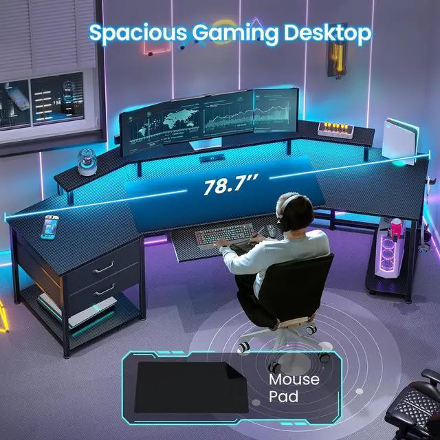 Alt view image 6 of 7 - Itaar 79" Gaming Desk with 2 Fabric Drawers, Long Computer Desk with Power Strip & LED Lights, U Shaped Desks with Storage and Cup Holder, Large Gaming Table for Bedroom, Carbon Fiber Black