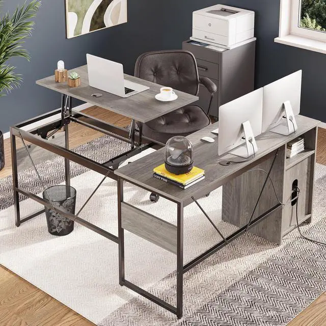 Alt view image 2 of 7 - Bestier L Shaped Standing Desk Adjustable Height, 60" Corner Computer Desk with Storage File Cabinet, 95.2" Long and Large Reversible Office Desk with Lift Top, Washed Gray