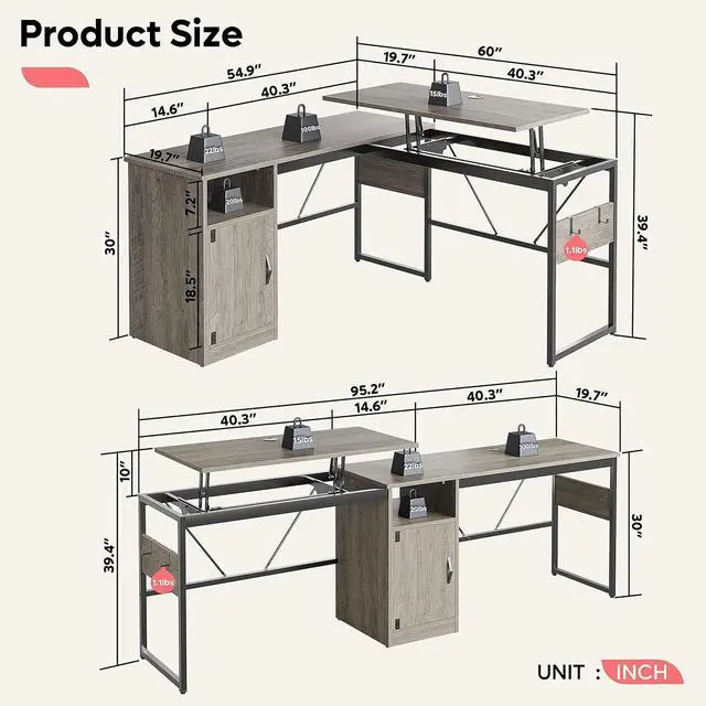 Alt view image 3 of 7 - Bestier L Shaped Standing Desk Adjustable Height, 60" Corner Computer Desk with Storage File Cabinet, 95.2" Long and Large Reversible Office Desk with Lift Top, Washed Gray