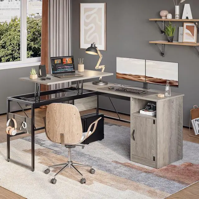 Alt view image 7 of 7 - Bestier L Shaped Standing Desk Adjustable Height, 60" Corner Computer Desk with Storage File Cabinet, 95.2" Long and Large Reversible Office Desk with Lift Top, Washed Gray