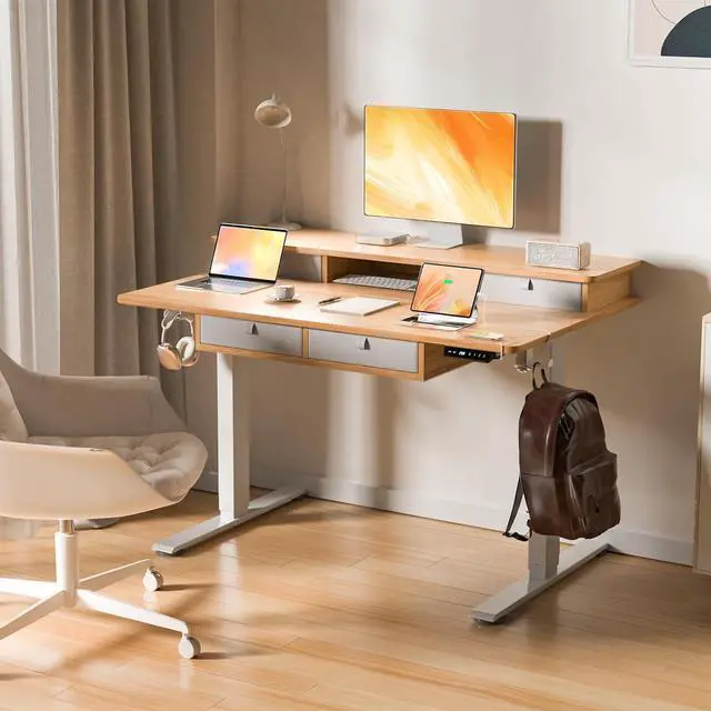 Alt view image 2 of 7 - 48 * 30 Inches Electric Standing Widened Desk Adjustable Height with 4 Drawers, Double Storage Shelves, Home Office Workstation Sit Stand up Desk (Nature)