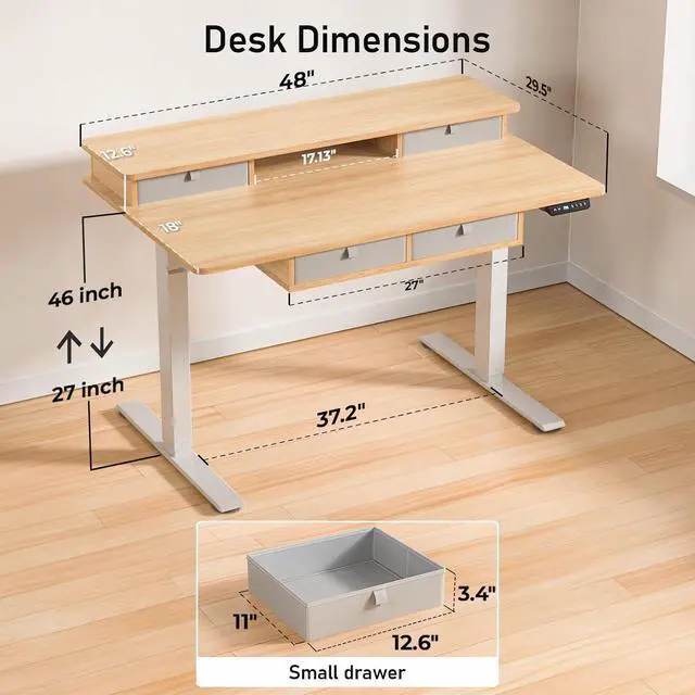 Alt view image 3 of 7 - 48 * 30 Inches Electric Standing Widened Desk Adjustable Height with 4 Drawers, Double Storage Shelves, Home Office Workstation Sit Stand up Desk (Nature)