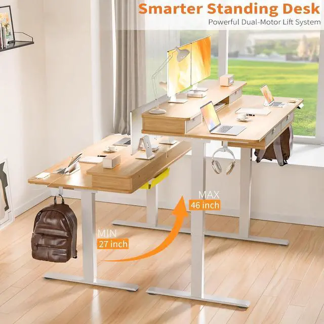 Alt view image 4 of 7 - 48 * 30 Inches Electric Standing Widened Desk Adjustable Height with 4 Drawers, Double Storage Shelves, Home Office Workstation Sit Stand up Desk (Nature)