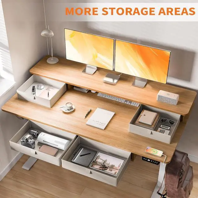 Alt view image 7 of 7 - 48 * 30 Inches Electric Standing Widened Desk Adjustable Height with 4 Drawers, Double Storage Shelves, Home Office Workstation Sit Stand up Desk (Nature)