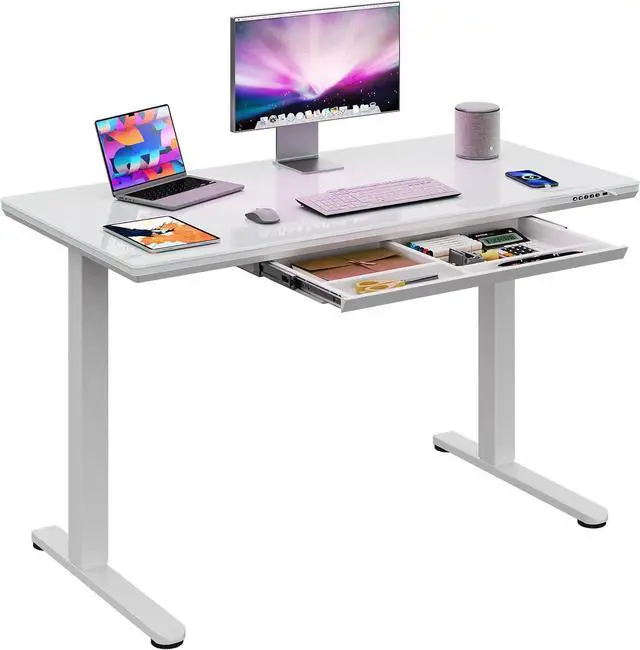 Main image of DEVAISE Standing Desk with Drawers, Whole-Piece Glass Adjustable Height Desk, 48 Inch Electric Stand Up Desk, Quick Install, White