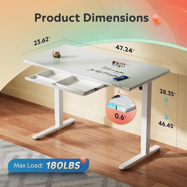 Alt view image 2 of 7 - DEVAISE Standing Desk with Drawers, Whole-Piece Glass Adjustable Height Desk, 48 Inch Electric Stand Up Desk, Quick Install, White
