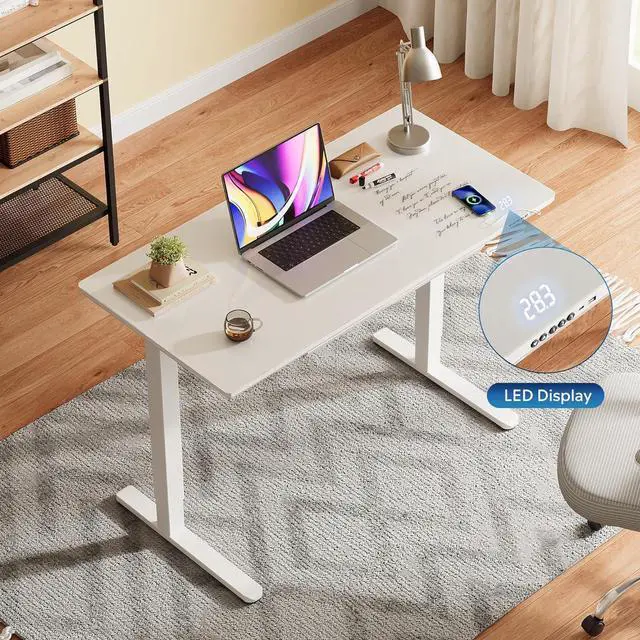 Alt view image 3 of 7 - DEVAISE Standing Desk with Drawers, Whole-Piece Glass Adjustable Height Desk, 48 Inch Electric Stand Up Desk, Quick Install, White