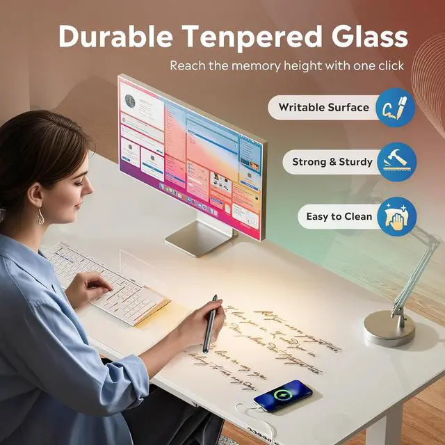 Alt view image 4 of 7 - DEVAISE Standing Desk with Drawers, Whole-Piece Glass Adjustable Height Desk, 48 Inch Electric Stand Up Desk, Quick Install, White