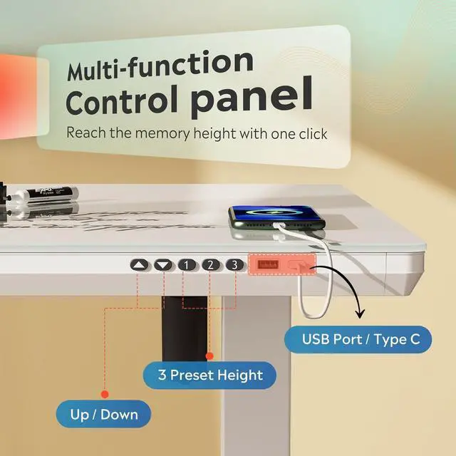Alt view image 5 of 7 - DEVAISE Standing Desk with Drawers, Whole-Piece Glass Adjustable Height Desk, 48 Inch Electric Stand Up Desk, Quick Install, White
