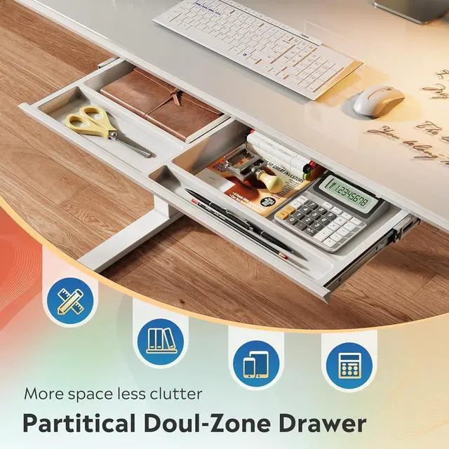 Alt view image 6 of 7 - DEVAISE Standing Desk with Drawers, Whole-Piece Glass Adjustable Height Desk, 48 Inch Electric Stand Up Desk, Quick Install, White