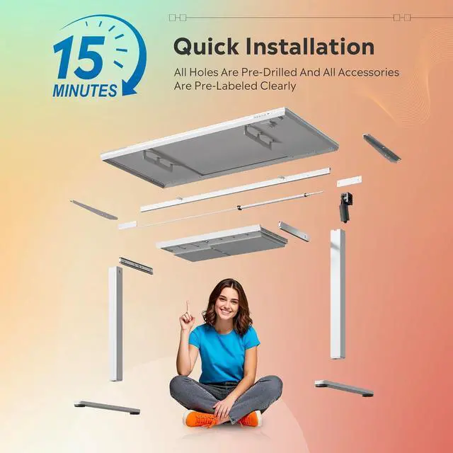 Alt view image 7 of 7 - DEVAISE Standing Desk with Drawers, Whole-Piece Glass Adjustable Height Desk, 48 Inch Electric Stand Up Desk, Quick Install, White