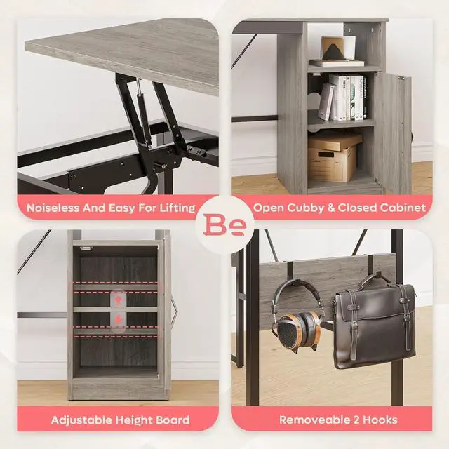 Alt view image 5 of 7 - Bestier L Shaped Standing Desk Adjustable Height, 60" Corner Computer Desk with Storage File Cabinet, 95.2" Long and Large Reversible Office Desk with Lift Top, Washed Gray