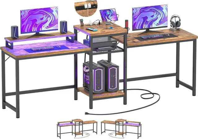 Main image of Unikito Double Computer Desk with LED Strip and Power Outlet, 2 Person Desk with Monitor Stand and Storage, Ergonomic Computer Desk with Printer Stand for Home Office, Long Gaming Desk, Rustic Brown