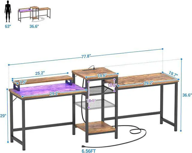Alt view image 3 of 7 - Unikito Double Computer Desk with LED Strip and Power Outlet, 2 Person Desk with Monitor Stand and Storage, Ergonomic Computer Desk with Printer Stand for Home Office, Long Gaming Desk, Rustic Brown