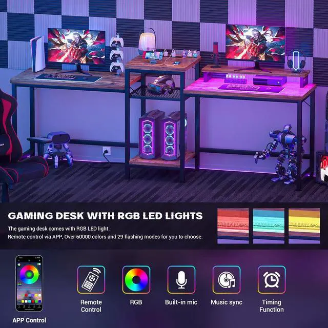 Alt view image 4 of 7 - Unikito Double Computer Desk with LED Strip and Power Outlet, 2 Person Desk with Monitor Stand and Storage, Ergonomic Computer Desk with Printer Stand for Home Office, Long Gaming Desk, Rustic Brown